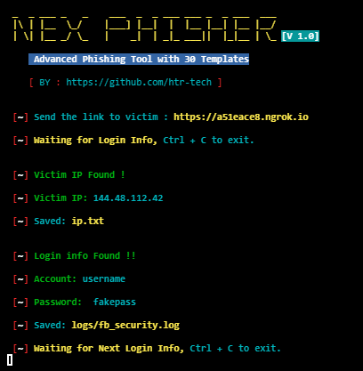 Nexphisher final page with a link to send to victim